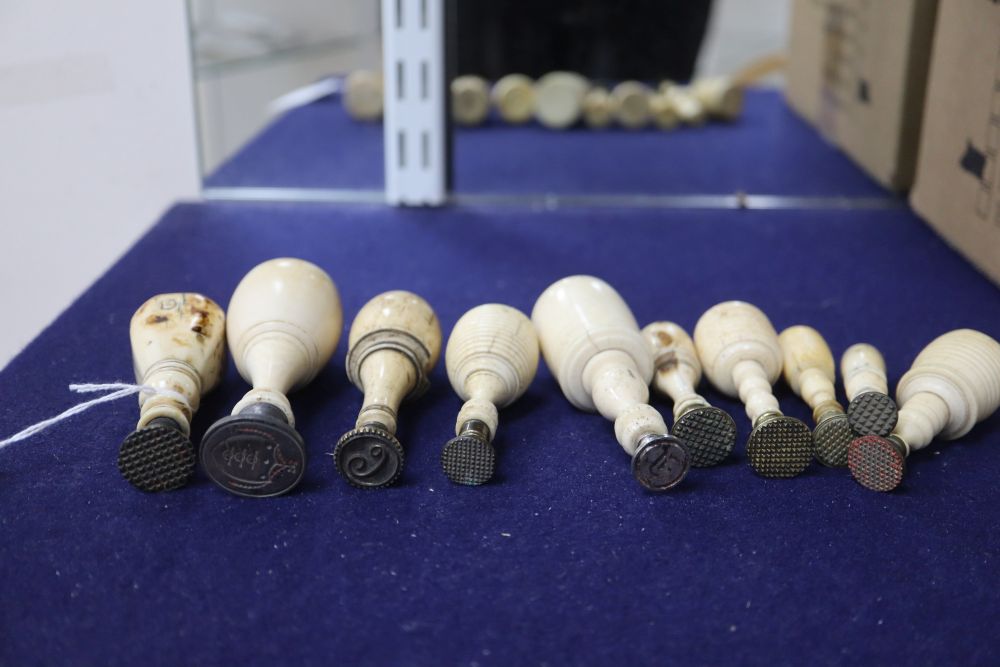 Ten 19th century ivory and bone handled desk seals